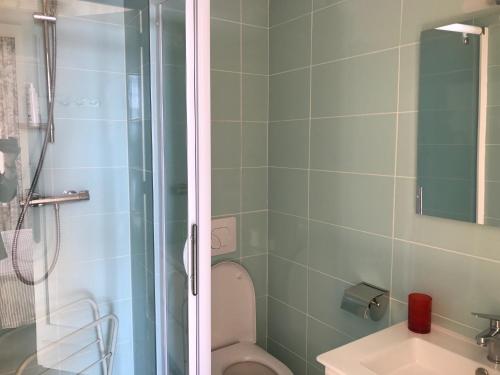 une salle de bain avec une douche, des toilettes et un lavabo dans l'établissement Résidence Thiers Golf 2 -Charmant studio face à la baie, à Saint-Jean-de-Luz