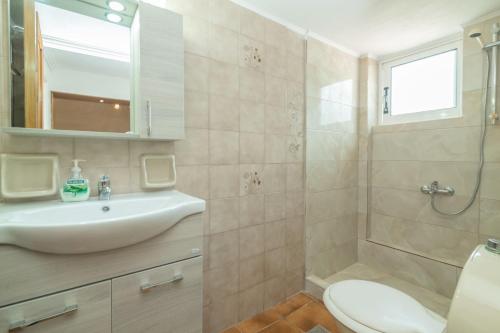 a bathroom with a sink and a toilet and a shower at Natasas Apartments in Alykes