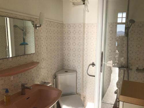 a bathroom with a toilet and a sink and a shower at Résidence Thiers Golf 1 -Charmant studio face à la baie in Saint-Jean-de-Luz