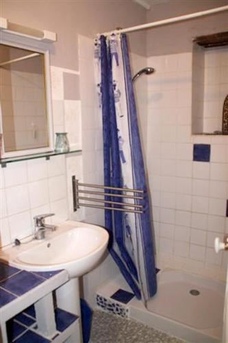 une salle de bain avec un lavabo et un rideau de douche dans l'établissement Maison accueillante à Reillanne avec jardin clos, à Reillanne