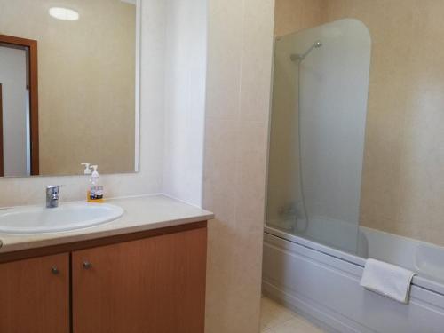 un baño con lavabo y ducha en Azores Terrace Apartment T2, en Ponta Delgada