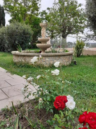 a fountain in a garden with red and white flowers at B&B gite d'Ayran in Saint-Quentin-la-Poterie