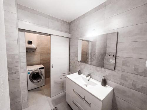 y baño con lavabo y lavadora. en RIAD Apartments Premium, en Zgornje Škofije