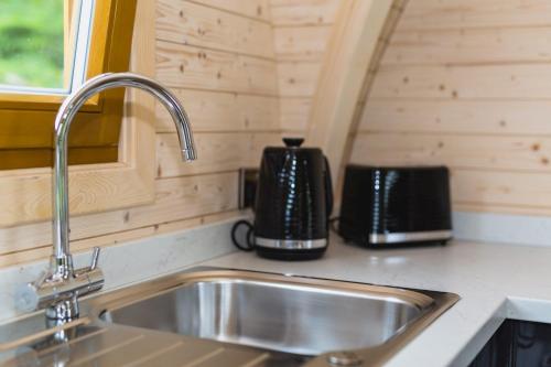a kitchen counter with a sink in a tiny house at Parkgate Farm in Holmrook