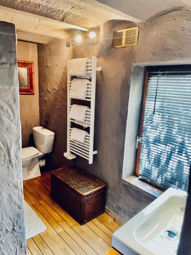 La salle de bains est pourvue d'un lavabo, de toilettes et de serviettes. dans l'établissement le Couvent des Climats, à Corgoloin
