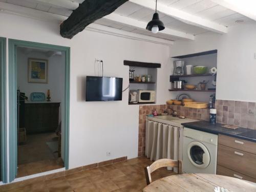 a kitchen with a washing machine and a table at Vacances près de Saint Florent in Olmeta-di-Tuda