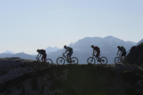 a group of people riding bikes on a mountain at Hotel Simmenhof in Lenk