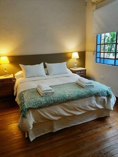 een slaapkamer met een groot bed met kussens erop bij Apart Boutique Flor de Lis - con cochera- in Santa Fe