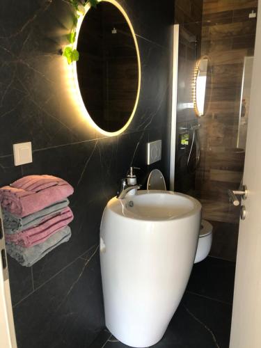 een badkamer met een wit toilet en een spiegel bij Apartmaji Meli.Pu 4 in Izola