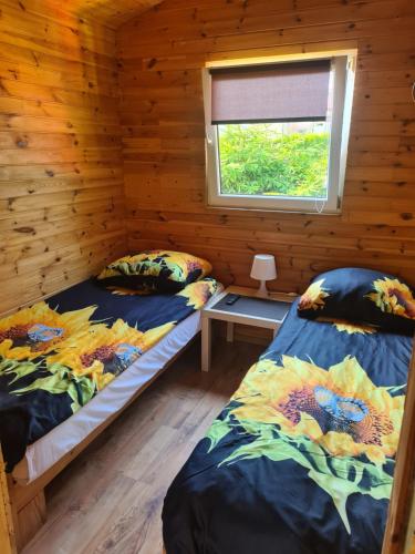two beds in a log cabin with a window at u Anny Pionierów 8B in Mielno