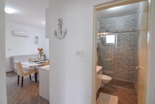 a bathroom with a toilet and a sink and a shower at Apartment Pocrnja in Rogoznica