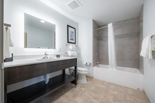 La salle de bains est pourvue d'un lavabo, de toilettes et d'un miroir. dans l'établissement Independence Stay Hotel and Long term suites, à Houghton