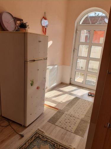 a kitchen with a refrigerator and an open door at CAZARE LA ESPAÑOLA in Haţeg