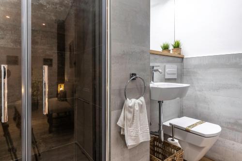 y baño con ducha, aseo y lavamanos. en Bilbao Arte III by Aston Rentals en Bilbao