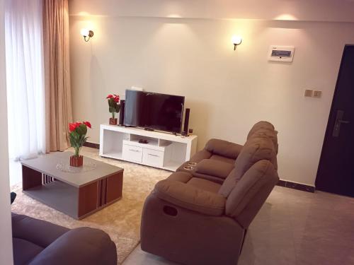a living room with a couch and a tv at Diamond in Kileleshwa Othaya Rd in Nairobi