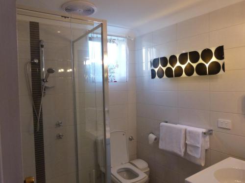 uma casa de banho com um WC e uma cabina de duche em vidro. em Fullarton Motor Lodge em Adelaide