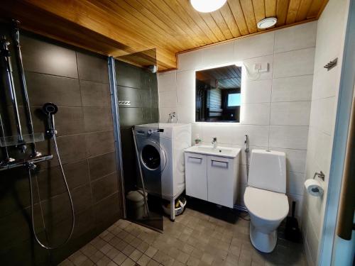 a bathroom with a shower and a toilet and a sink at Siulanlumo in Saariselka