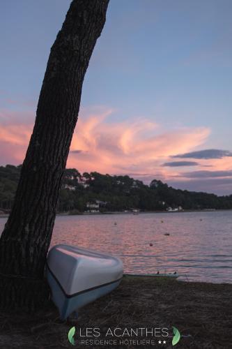 a white object sitting under a tree next to a lake at Résidence Hôtelière les Acanthes in Hossegor