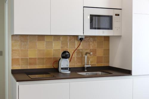 blat kuchenny ze zlewem i kuchenką mikrofalową w obiekcie Apartamentos La Quinta w mieście Burgos