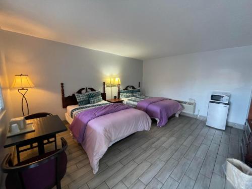 two beds in a hotel room with purple sheets at Castillo Inn in St. Augustine