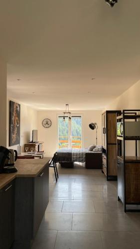 - une cuisine et un salon avec un canapé en arrière-plan dans l'établissement Le Pic Noir, à Gérardmer