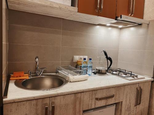 un bancone della cucina con lavandino e piano cottura di Apart-Hotel Shell a Tbilisi City