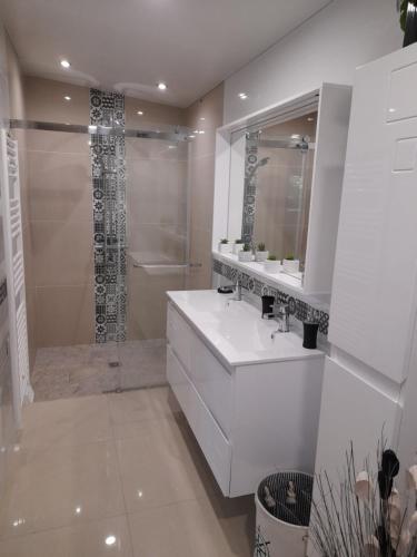 biała łazienka z umywalką i prysznicem w obiekcie Ker jolly Maison au cadre naturel sans vis à vis w mieście Plouégat-Guérand