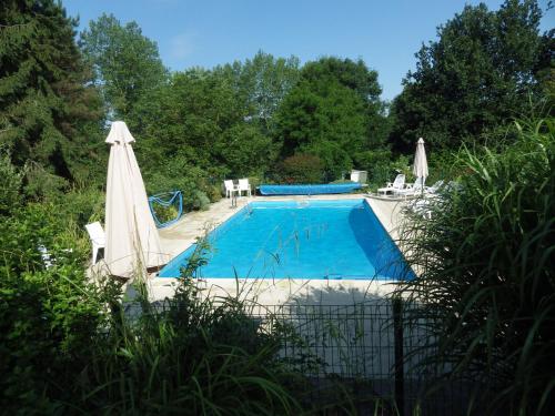 una piscina con 2 sombrillas junto a en Eglantine, en Vouvant