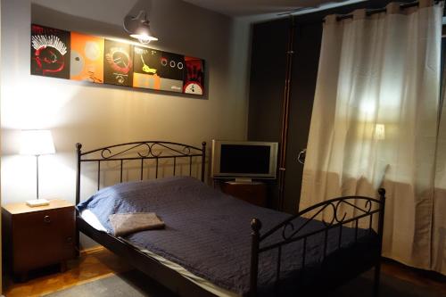 ein Schlafzimmer mit einem Bett und einem TV in der Unterkunft ARTgroturystyka Przystanek Błotna in Ostrów Podlaski