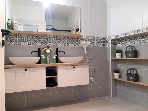 a bathroom with two sinks and a mirror at Rezidence 1923 in Kuchařovice