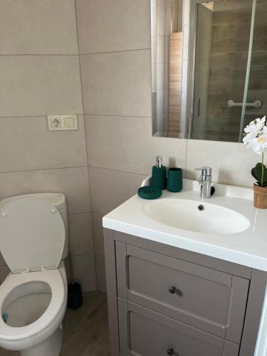 a bathroom with a white sink and a toilet at Anna’s apartment in Benidorm