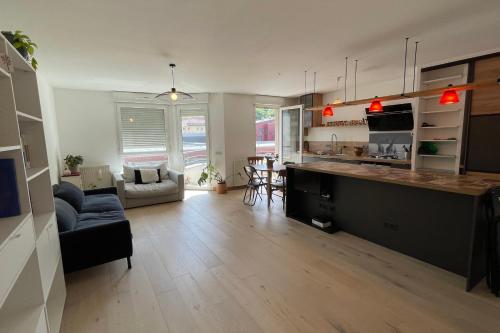 une cuisine et un salon avec un canapé et une table dans l'établissement Les Capucines - Appartement moderne proche centre d'Annecy, à Annecy