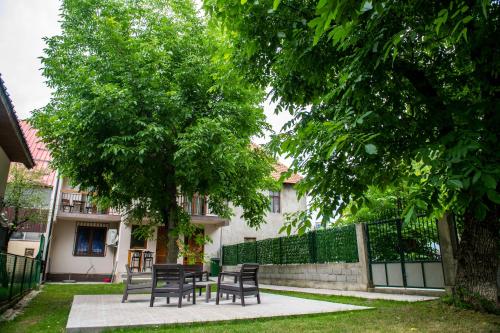 a group of benches sitting under a tree at Guest House Alte in Kolašin
