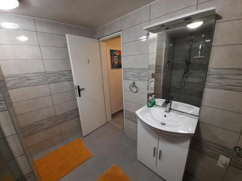 y baño con lavabo, ducha y aseo. en Sun river Kolpa AP1, en Vinica
