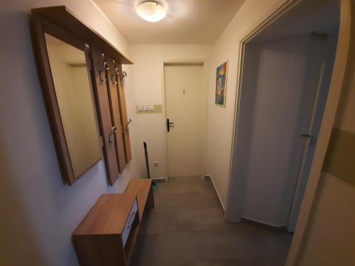 a hallway with a door and a mirror and a stairway at Sun river Kolpa AP1 in Vinica