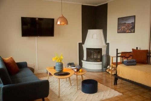 a living room with a couch and a fireplace at Light Sentral Apartment Ålesund in Ålesund