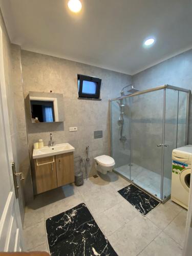 a bathroom with a shower and a toilet and a sink at Sky Villas Hisar in Trabzon