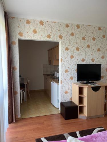 a living room with a television and a kitchen at Franci Wellness Apartman Zalakaros in Zalakaros