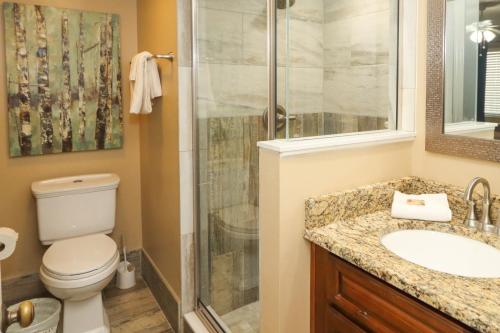 a bathroom with a shower and a toilet and a sink at Windjammer 307 in Saint Augustine