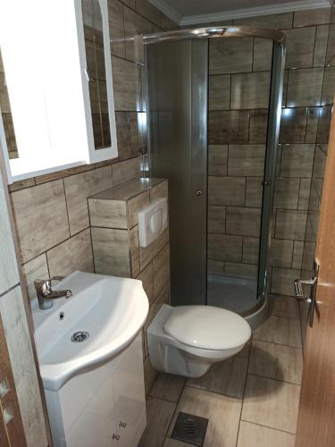 a bathroom with a shower and a toilet and a sink at Anikó Apartmanház in Balatonföldvár