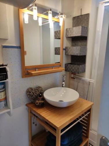 un baño con lavabo y espejo en Appartement pleine vue mer au bord de la plage, en Binic