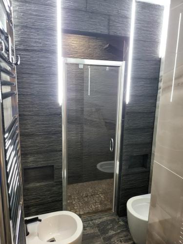 a bathroom with a shower and a toilet and a sink at Residenza Giulia in Brescia