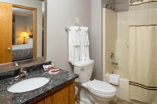 a bathroom with a toilet and a sink and a mirror at Newport Resort in Egg Harbor