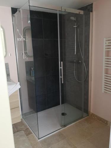 une douche avec une porte vitrée dans une salle de bain dans l'établissement Le Puits, à Honfleur