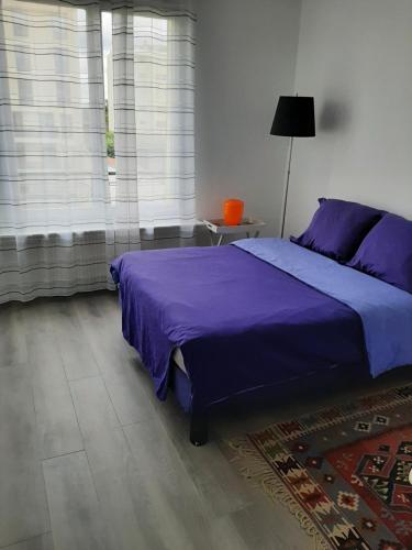 a bedroom with a purple bed and a window at Appartement cosy de centre ville in Charenton-le-Pont