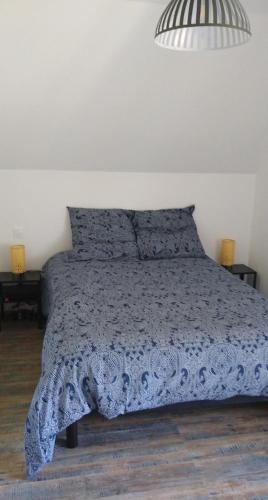 a bedroom with a bed with a blue comforter at LE MARCEL appartement F1 de 24 m² in Choisey