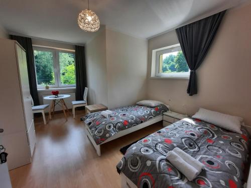 a bedroom with two beds and a table and windows at DOM POD SOKOLICĄ 