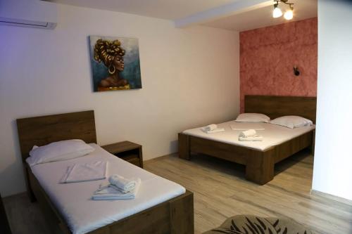 a room with two beds and a mirror at Casa belvedere orsova in Orşova