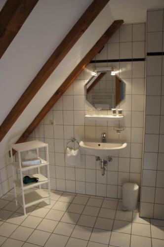 a bathroom with a sink and a mirror at Hotel Schwarzer Adler in Erlangen