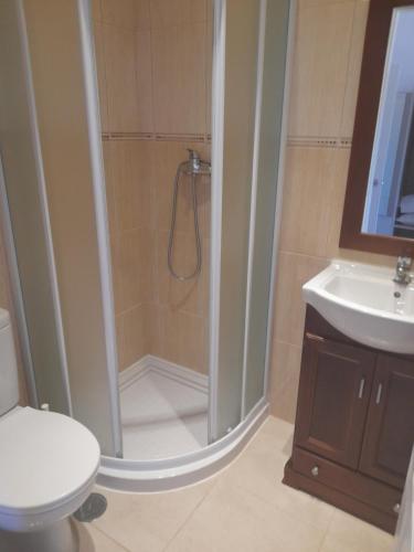 a bathroom with a shower and a toilet and a sink at Flor de Sal in Vila Real de Santo António